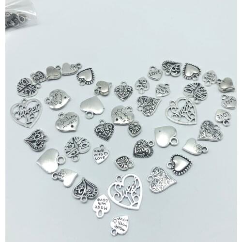 JunKang 30pcs Mixed batch Alloy Tibetan silver heart jewelry charm pendant classic DIY fashion findings