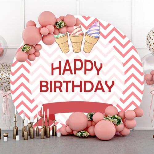 Laeacco Pink Stripes Backdrops For Photography Happy Birthday Ice Cream Pattern Customized Round Poster Backgrounds Photo Studio
