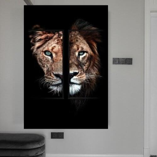Lion Family in Dark Canvas Paintings on the Wall Art Posters and Prints Lion and Lioness Animals Art Pictures For Living Room