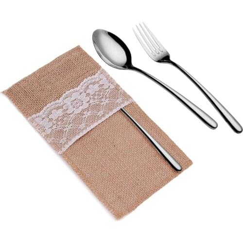 Hot Burlap Lace Tableware Packaging Pouch Fork Spoon Knife Cutlery Holder Pocket Bag For Table Rustic Wedding Party Decoration