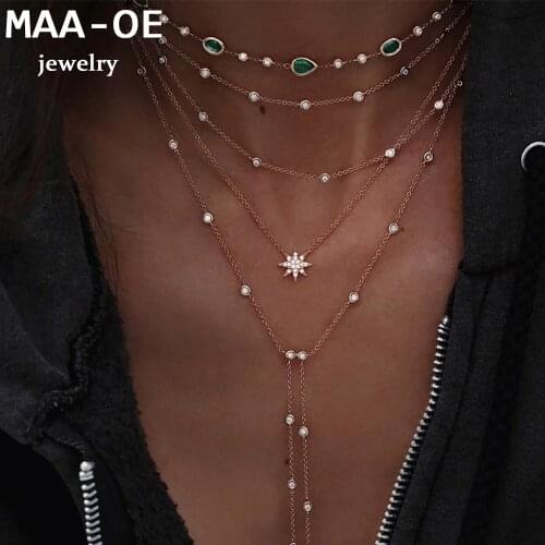 Fashion Gold Color Stone Sun Crystal Pendant Necklaces For Women Necklace Multi Level Female Boho Vintage Jewelry Wedding Gift