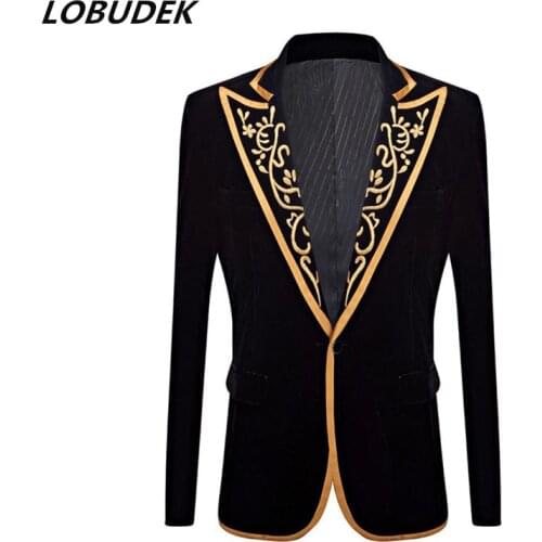 Mens Vintage Embroidery Court Tuxedo Black Velvet One Button Suit Jacket Male Wedding Groom Formal Blazers Performance Clothes