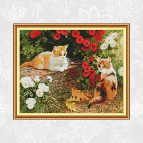 Kitten in the garden Cross Stitch kits,Printed Canvas Embroidery 14CT 11CT Needlework Set, DIY Handmade Cross-stitch Crafts