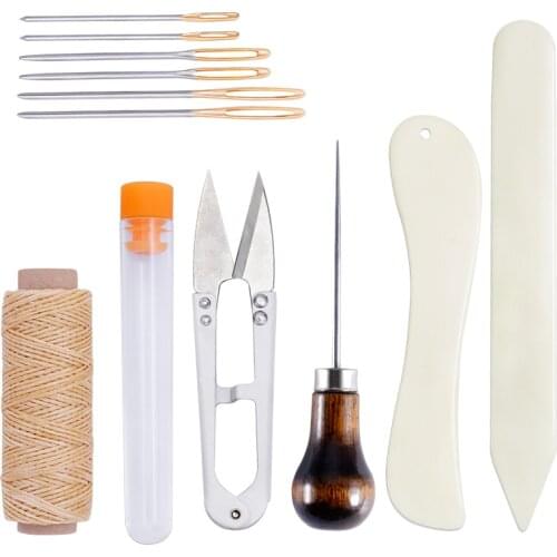 KAOBUY 12PCS Bookbinding Tools Kit, Sewing Awl Tool, Bone Folder Creaser, Waxed Thread, Leather Sewing Needles, Scissors