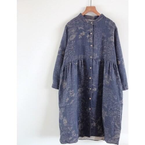 Literary spring 2021 new ink printing leaves loose stand collar cotton long sleeve dress