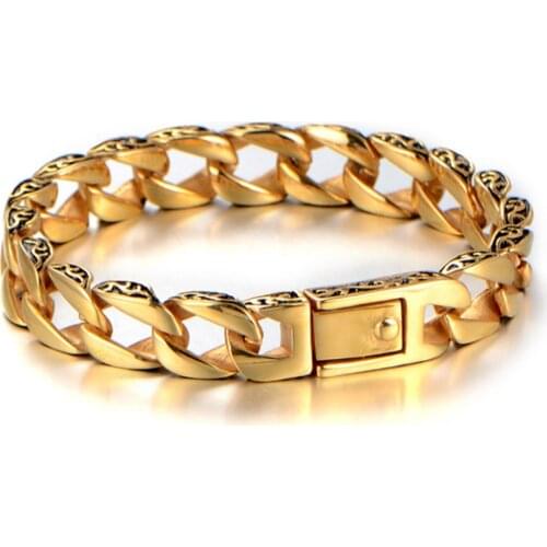 Charming Jewelry 316L Stainless Steel Gold Tone Miami Cuban Curb Link Chain Men Women Bracelet Bangle 8.66" Wholesale Or Retail