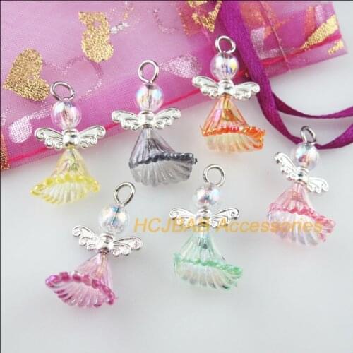 18New Dancing Angel Charms Silver Plated Wings Mixed Flower Pendants 14x24mm