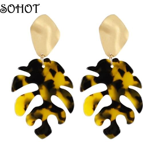 SOHOT New Alloy Acrylic Acetic Acid Tortoiseshell Monstera Leaf Drop Earrings Exquisite Trendy For Beach Charming Jewelry