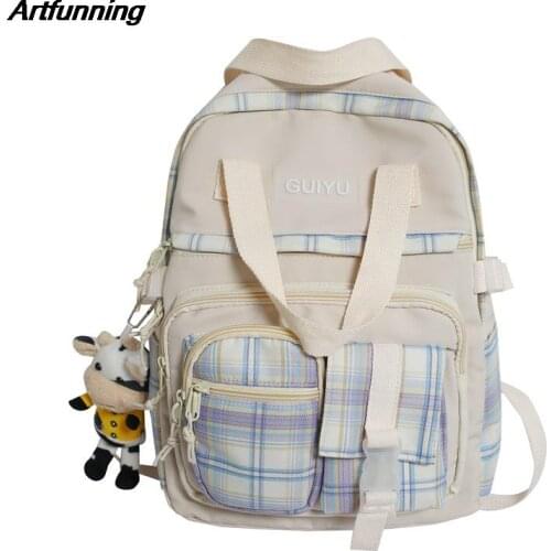 Artfunning Korean Plaid Schoolbag for Teenager Girls High School Book Bag Orthopedic Backpack schoolbag kids Mochila Infantil