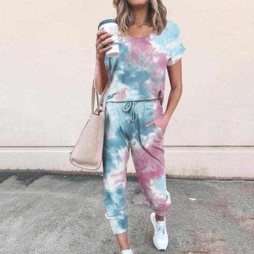 Tracksuit Tie Dye Loose Sports Suit Women Short Sleeve T-shirt Drawstring Pants Outfit for Spring/Summer спортивный костюм женск