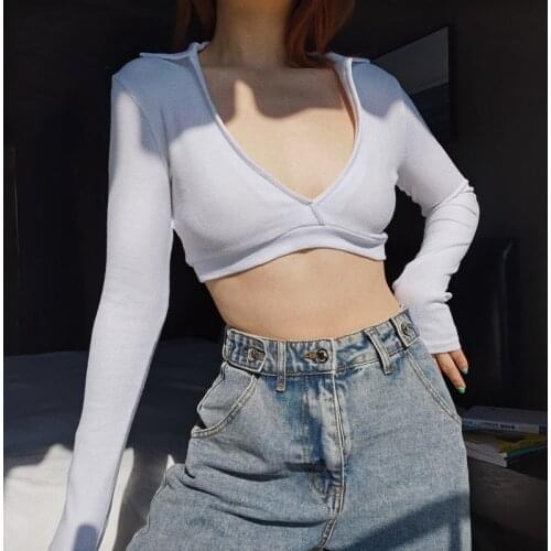 WOMENGAGA Turn-down Collar Long-sleeved T-shirt European Style Bottoming Shirt Women 2021 New Leaky Umbilical Short Tops AY6O