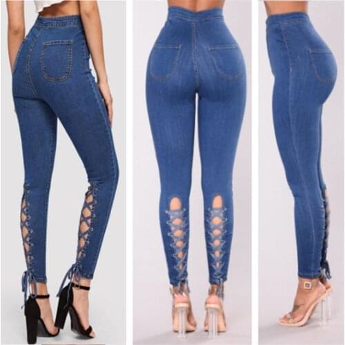 2021 Hot Sales Womens High Waist Jeans Fashion Bandage Stretch Denim Jeans Sexy Skinny Pencil Pants S-XL drop shipping