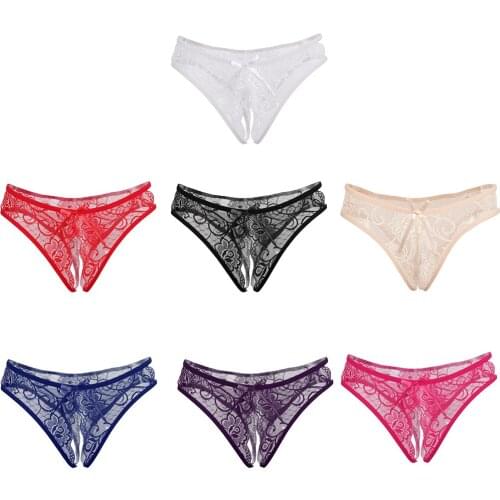 Womens Sexy Lace Thong Nylon Underwear Open Butt Briefs Nightwear Underpants Imitation Lingerie Multicolor