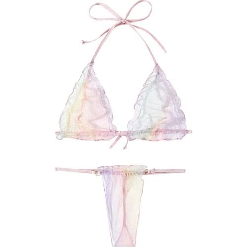 Women Colorful Lingerie Set with Sequins, See Through Deep V-neck Lace-up Bra and Panties