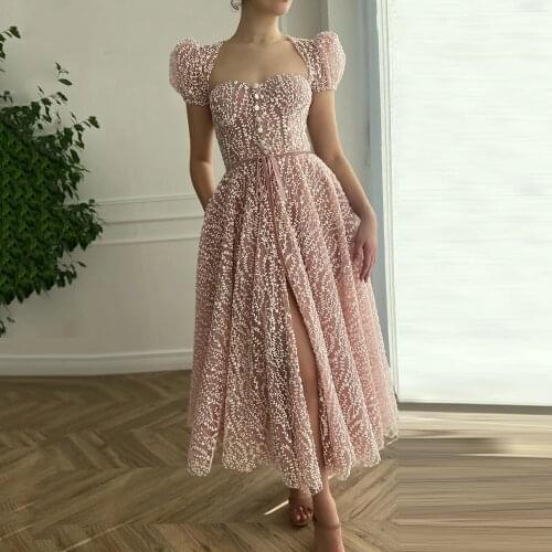 Pink Full Lace Prom Dresses Short Sleeves with Belt Ribbons robe de soirée de mariage Sweetheart Slit Tea-Length Prom Gowns 2021