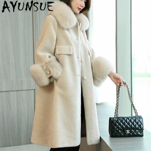 AYUNSUE 2020 Real Fur Coat Female 100% Wool Autumn Winter Clothes Women Fox Fur Collar Korean Woman Jacket Mujeres Abrigos 8113