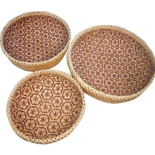 3PCs Natural Woven Bamboo Fruit Basket Hand-woven Hollow Lace Craft Storage Basket Bread Food Container Kitchen Storage Supplies