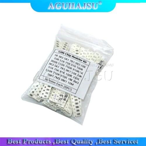 36Value * 20pcs =720pcs 1206 SMD Resistor Kit 1/4W 0.25W 5% 1 ohm~10 Mohm component diy kit new and original
