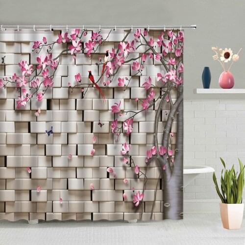 3D Brick Flowers Wall Retro Wood Shower Curtain Natural Plants Bathtub Decoration Screen Cover Polyester Washable With 12 Hooks