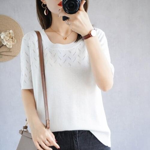 Pure cotton T-shirt women 2021 summer new womens casual solid color knit sweater round neck slim pullover large size hollow top