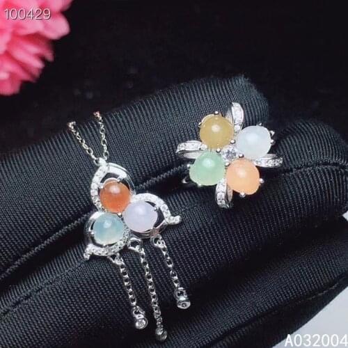 KJJEAXCMY Fine Jewelry 925 sterling silver inlaid natural jadeite female ring pendant set popular Support detection