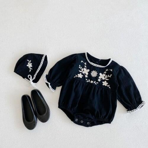 2021 Spring Fall Baby Girl Romper Vintage Floral Embroidery Long Sleeve Lace Collar Jumpsuit Bodysuit Soft Casual Outfit Set+Cap