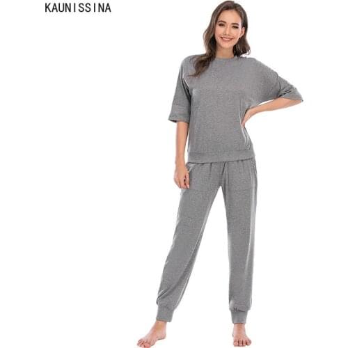 Women Pajamas Set Ladies Half Sleeve Shirt Long Pants Two Piece Pijama Sets Midnight Sleepwear Female Homewear Spring Autumn