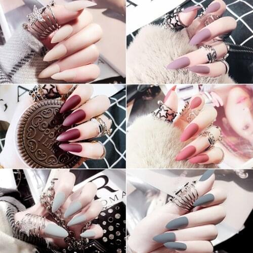 24PC/Pack Matte Velvet Fake Nails With Nail Glue DIY Long Tip Patch False Nails Pure Color Nail Chip Nail Art Accessories