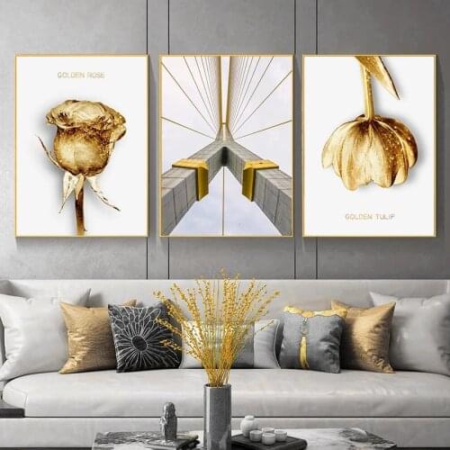 Golden Flower Bridge Wall Art Canvas Painting Rose Tulip Posters And Prints Wall Pictures For Living Room Modern Home Decor