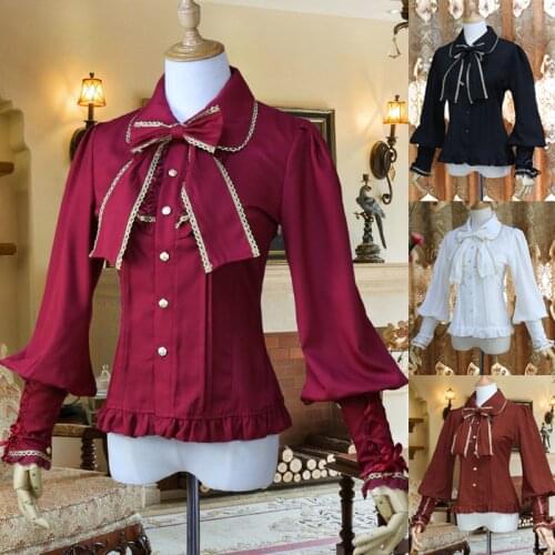 New Vintage Lolita Shirt Victorian Gothic Lolita Blouses Women Steampunk Chiffon Blouse Bow Tie Lantern Sleeve Loli Shirt SL2943
