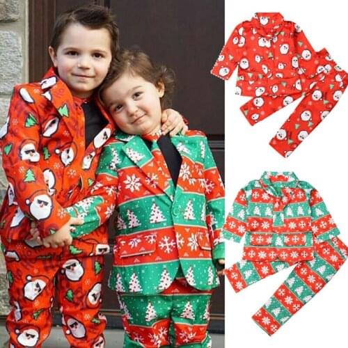 New Year Theme Party Kids Christmas Suit Fashion Santa Claus Christmas Tree Print Gentleman Tie Boys Girl Suit Dress Set