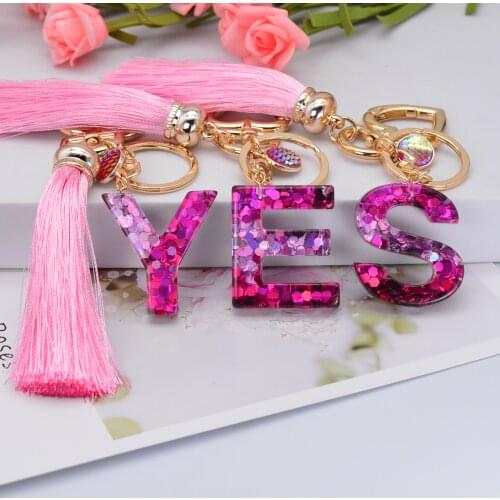 New Fashion English Letters Keychain Resin English Alphabet Glitter Sequins Pink Tassel Keyring брелок Handbag Charms For Women