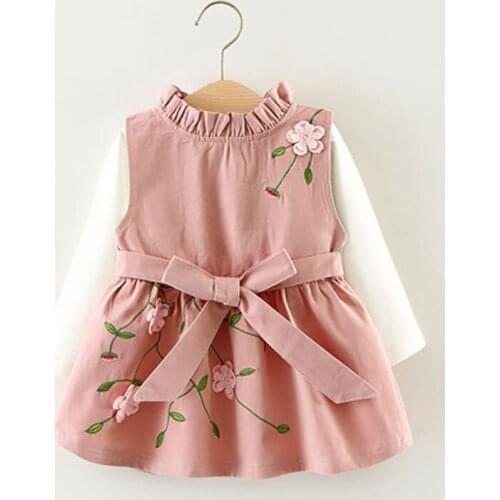 2019 New Autumn Baby Girls' Clothes, Cotton White Long Sleeves + Embroidered Bow Tie, Sleeveless Skirt, Children Dress