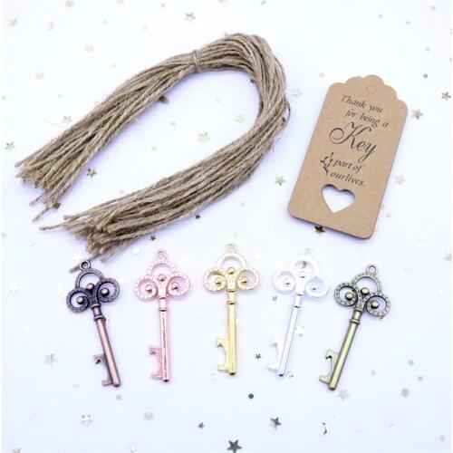 50 Pcs/Lot Key Bottle Opener 5 Colors DIY Skeleton Wine Opener with Escort Tag Card Rustic Wedding Party Favor Souvenir Gifts