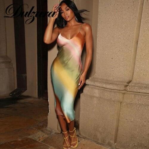 Dulzura Gradient Tie Dye Print Women Satin Strap Midi Dress Bodycon Party Elegant Club 2021 Autumn Winter Clothes Festival Y2K