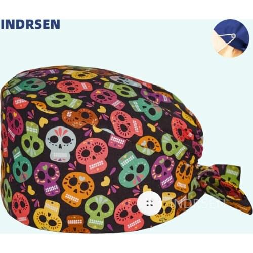 Unisex Sugar Skull printing hats adjustable scrub hat beauty salon working cap laboratory pet shop nursing scrub cap with button