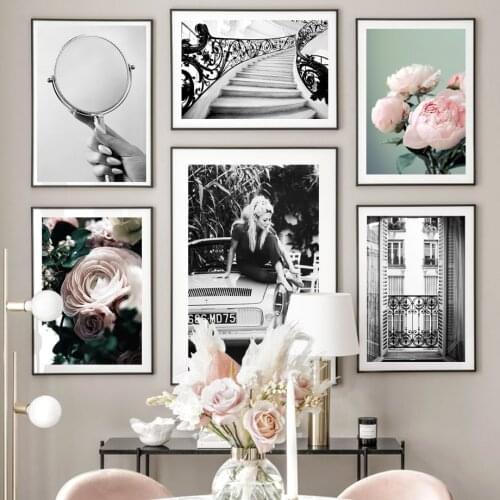 Vintage Nordic Poster Star Paris Window Stairway Peony Flower Wall Art Print Canvas Painting Decoration Pictures For Living Room