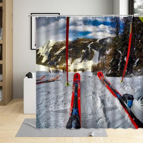 Winter Snow Mountain Shower Curtain Forest landscape Ski Sports Bathroom Decor Snowfield Curtains With Hooks Waterproof Fabric