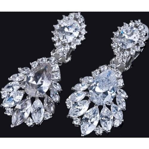 Luxury No Pierced Ears Style Water Drop Cubic Zirconia Women Clip On Earrings Without Piercing wedding