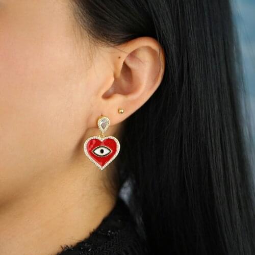 Red pink black colorful enamel evil eye Heart shape dangle charm earring for women girls gift cz heart lucky turkish jewelry
