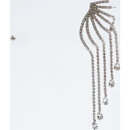 ZA Luxury Hyperbole Long Asymmetrical Rhinestone Fringe Drop Earrings For Women Trendy Statement Crystal Earring Jewelry Gift