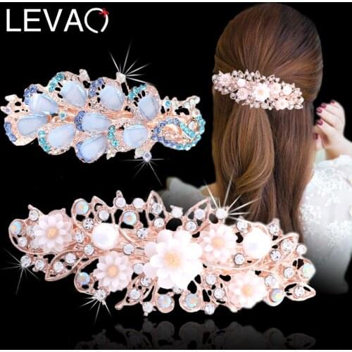 Levao New Rhinestone Flower Hollow Hairpins Colorful Crystal Peacock Hair Clips for Women Pearl Barrettes Spring Clips Headwear
