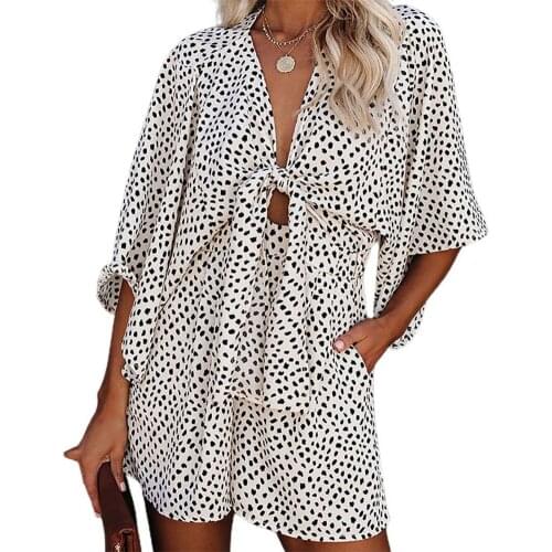 Summer Women Jumpsuit Batwing Sleeve Dot Print One-piece Tie-up Bow V Neck Rompers Loose Romper Lady Overalls Streetwear