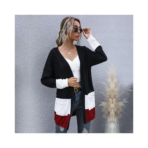 Autumn And Winter New Women Color Contrast Stitching European And American V-Neck Long Sleeve Knitted Sweater Cardigan Lady Coat