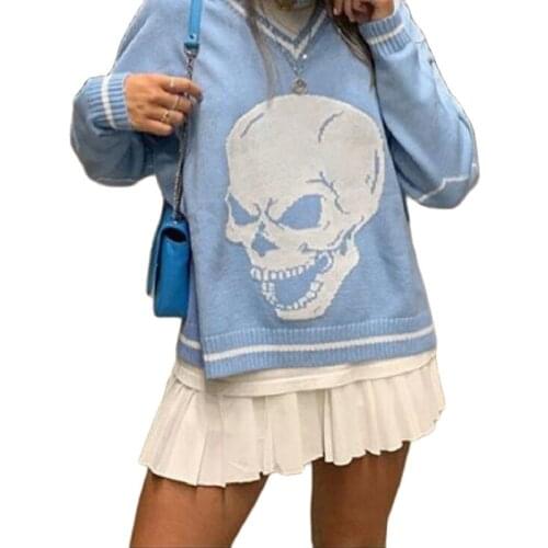 Striped Skulls Pattern Oversize Blue Sweater Women Autumn 2021 Streetwear E-Girl V Neck Pullover Y2K Tops Knitwear female jumper