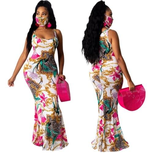 2021 New Vintage Leopard Print Sleeveless Tank Mermaid Maxi Dress Strap Dress Sexy Beach Long Dress