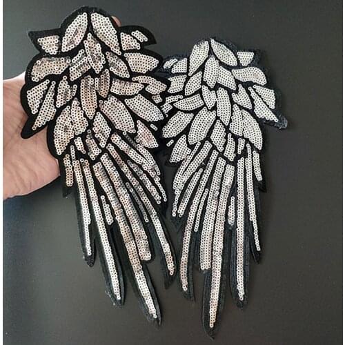 27CM Wing Patches For Clothing Silver Sequins Biker Badge Embroidery Fabric Patch Sequined Women Clothes Stickers Strange things