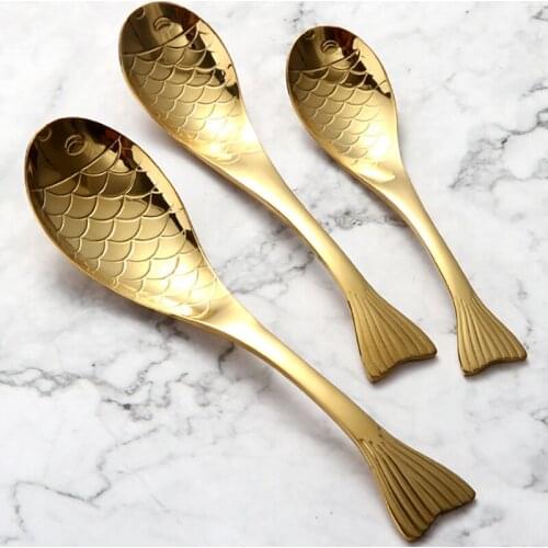 304 Stainless Steel Fish Spoon Mini Dessert Coffee Scoop Dinnerware Cute Spoons Kids Gold Soup Spoon Set Kitchen Accessories