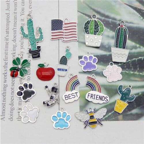 Julie Wang 10PCS Enamel Charms Random Mixed Paw Print Apple Cactus Bee Rainbow Alloy Silver Color Tone Jewelry Making Accessory