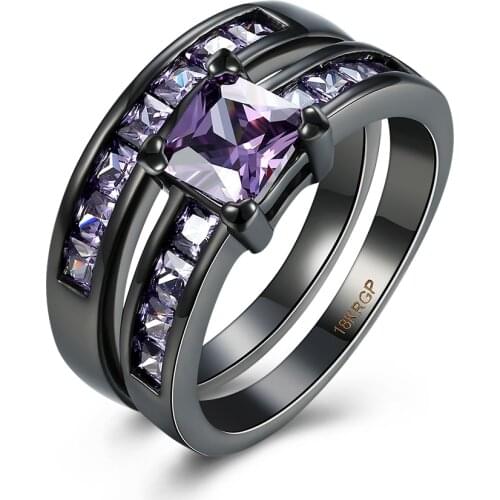 Simulated Exquisite Purple Crystal Zircon Ring Black Gold Filled Engagement Wedding Ring Size 6 7 8 9